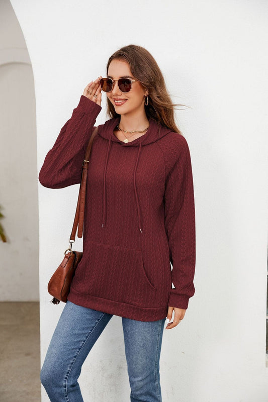 Women's solid color long sleeve loose sweatshirt with hooded drawstring pockets