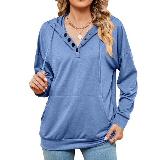 Solid color button drawstring hooded long-sleeved loose casual sweatshirt for women