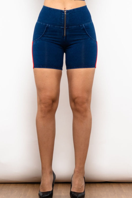 Full Size Side Stripe Zip Closure Denim Shorts MS231013025958FXS Navy / XS