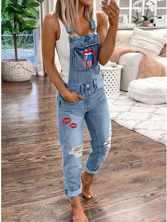 Women's Overall Pocket Ripped National Flag Active Daily Holiday Regular Fit Sleeveless Light Color Grey Fall