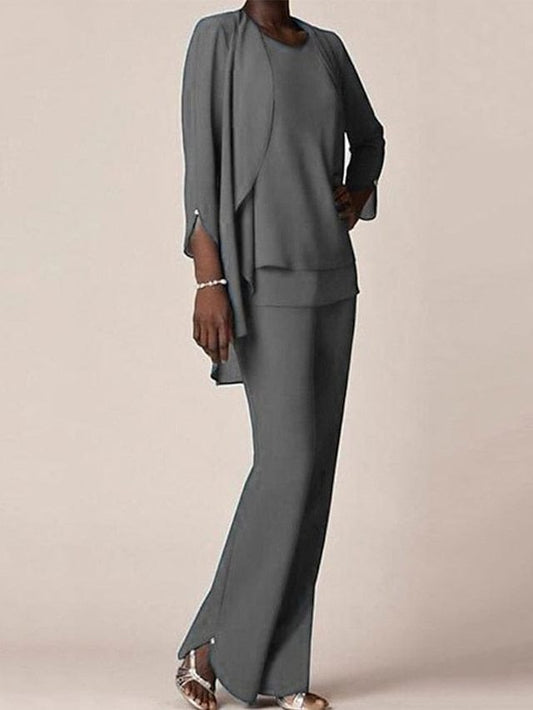 Jumpsuit / Pantsuit Mother of the Bride Dress Elegant V Neck Floor Length Chiffon 3/4 Length Sleeve with Ruffles 2023