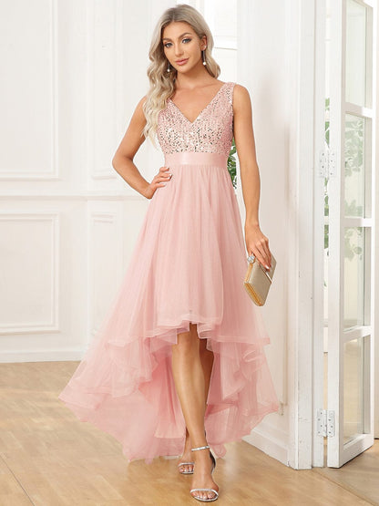 Sequin Bodice Tulle High-Low Evening Dress with Ribbon Waist DRE2310040011PNK4 Pink / 4