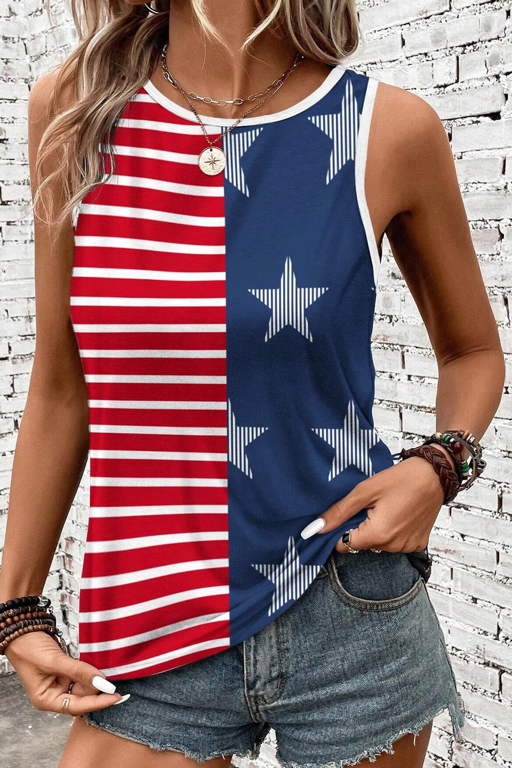 Red USA Flag Printed Round Neck Tank Top