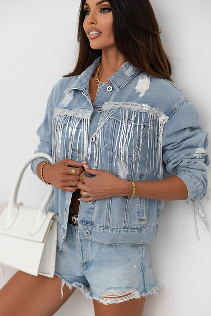 Sky Blue Sequin Embellished Fringe Distressed Denim Jacket