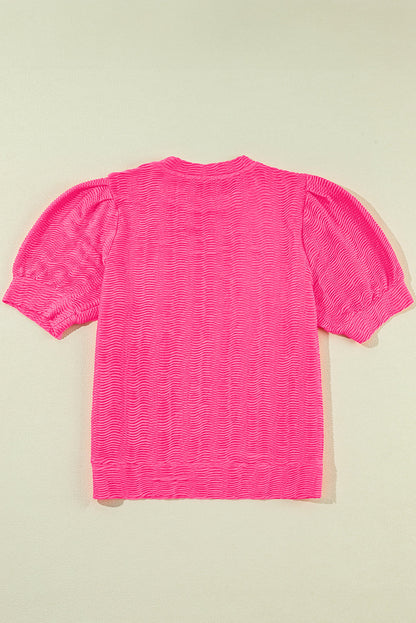 Strawberry Pink Solid Color Textured Puff Sleeve T Shirt