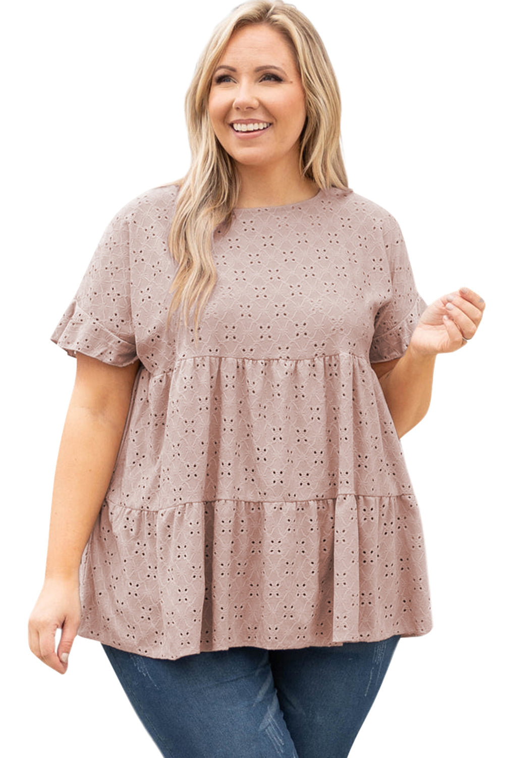 Pink Plus Size Eyelet Pattern Ruffle Sleeve Babydoll Top