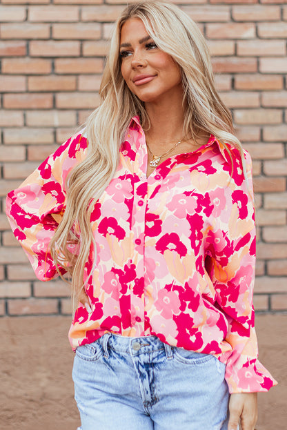 Pink Blooming Floral Print Puff Sleeve Buttoned Shirt