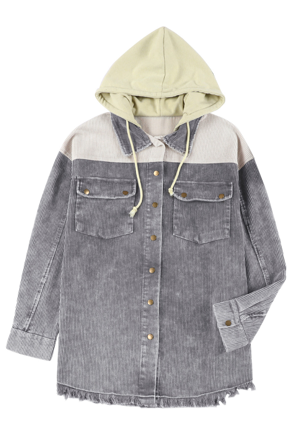 Gray Color Block Button Down Hooded Corduroy Jacket