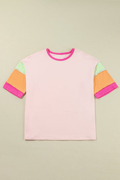 Pink Color Block Stitching Sleeve Round Neck Oversize Top