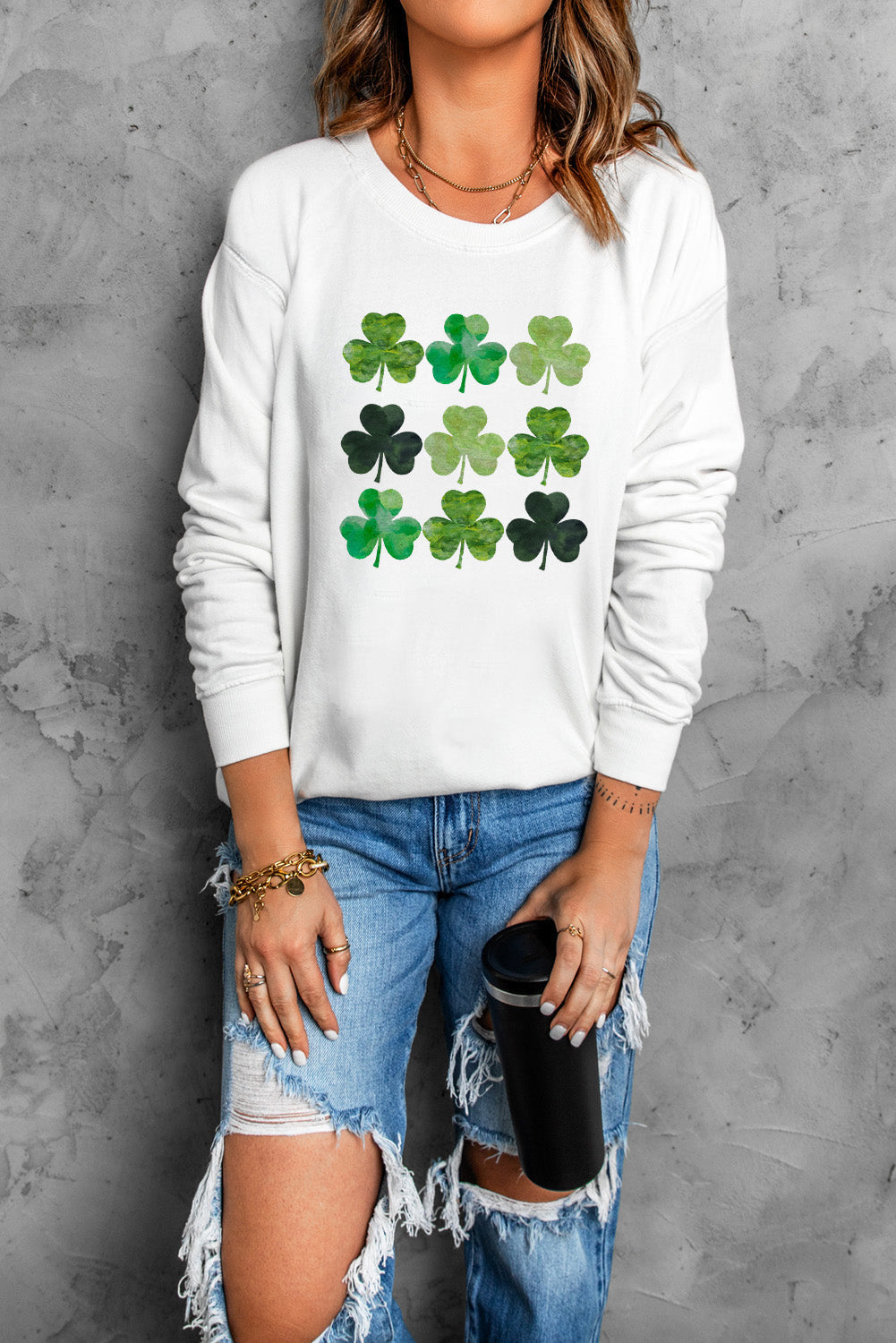 White St. Patrick's Day Clover Print Long Sleeve Sweatshirt