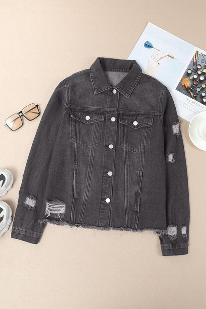 Black Lapel Distressed Raw Hem Buttons Denim Jacket