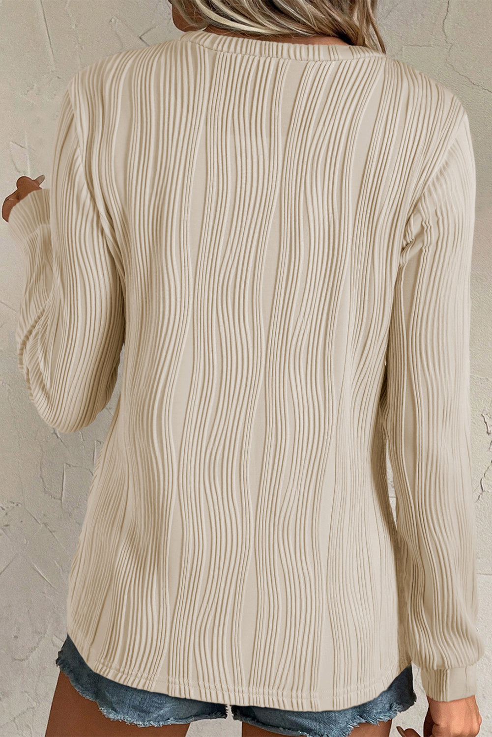 Apricot Textured Wavy Round Neck Long Sleeve Top