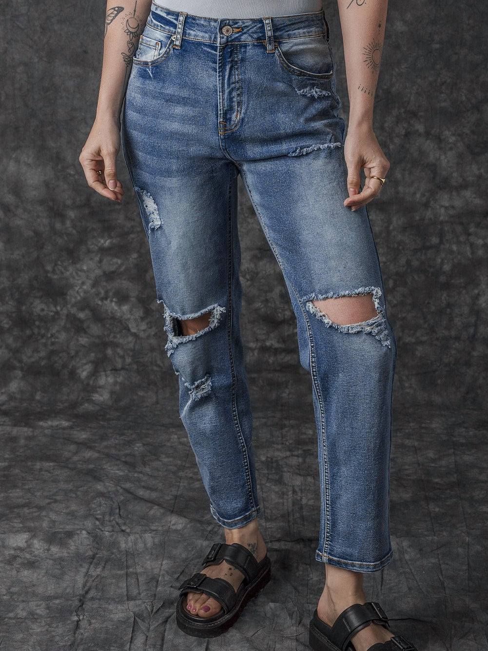 High Waist Ripped Raw Edge Comfort Loose Pants