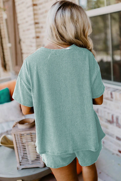 Iceland Blue Ribbed Textured Knit Loose Fit Tee and Shorts Set