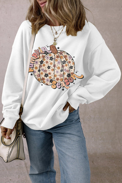 White Floral Pumpkin Season Graphic Loose Sweatshirt