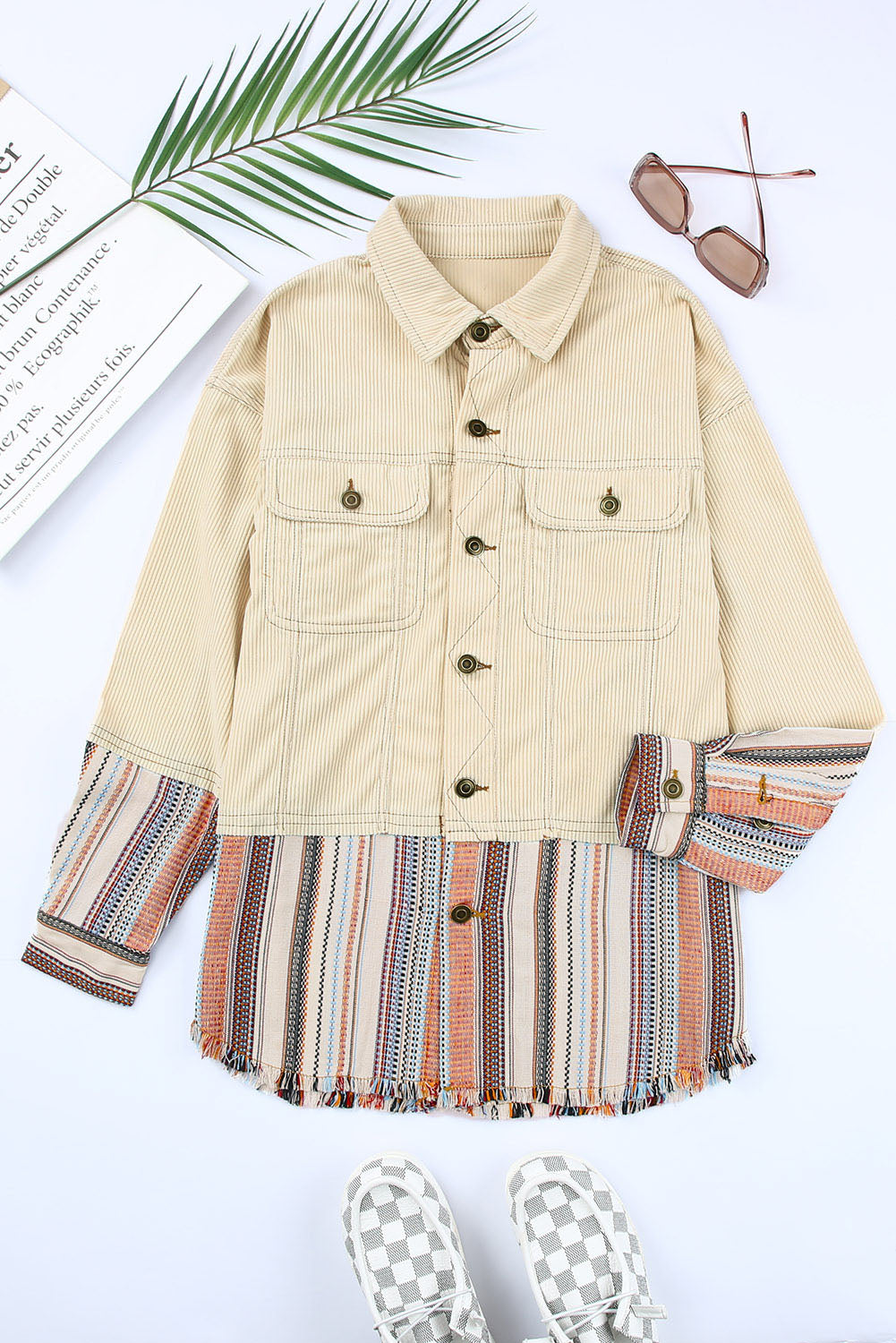 Button Up Pockets Striped Color Block Corduroy Jacket