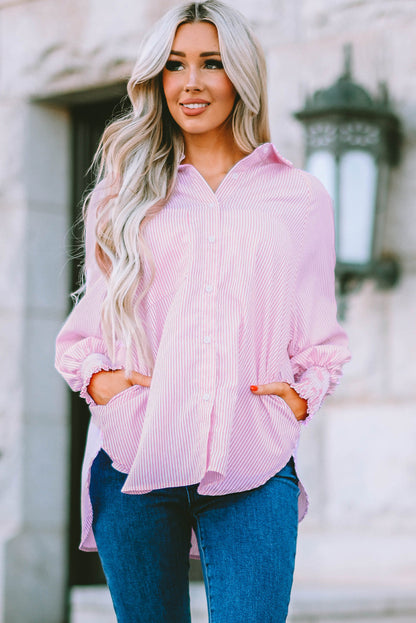 Pink Smocked Cuffed Striped Boyfriend Shirt with Pocket