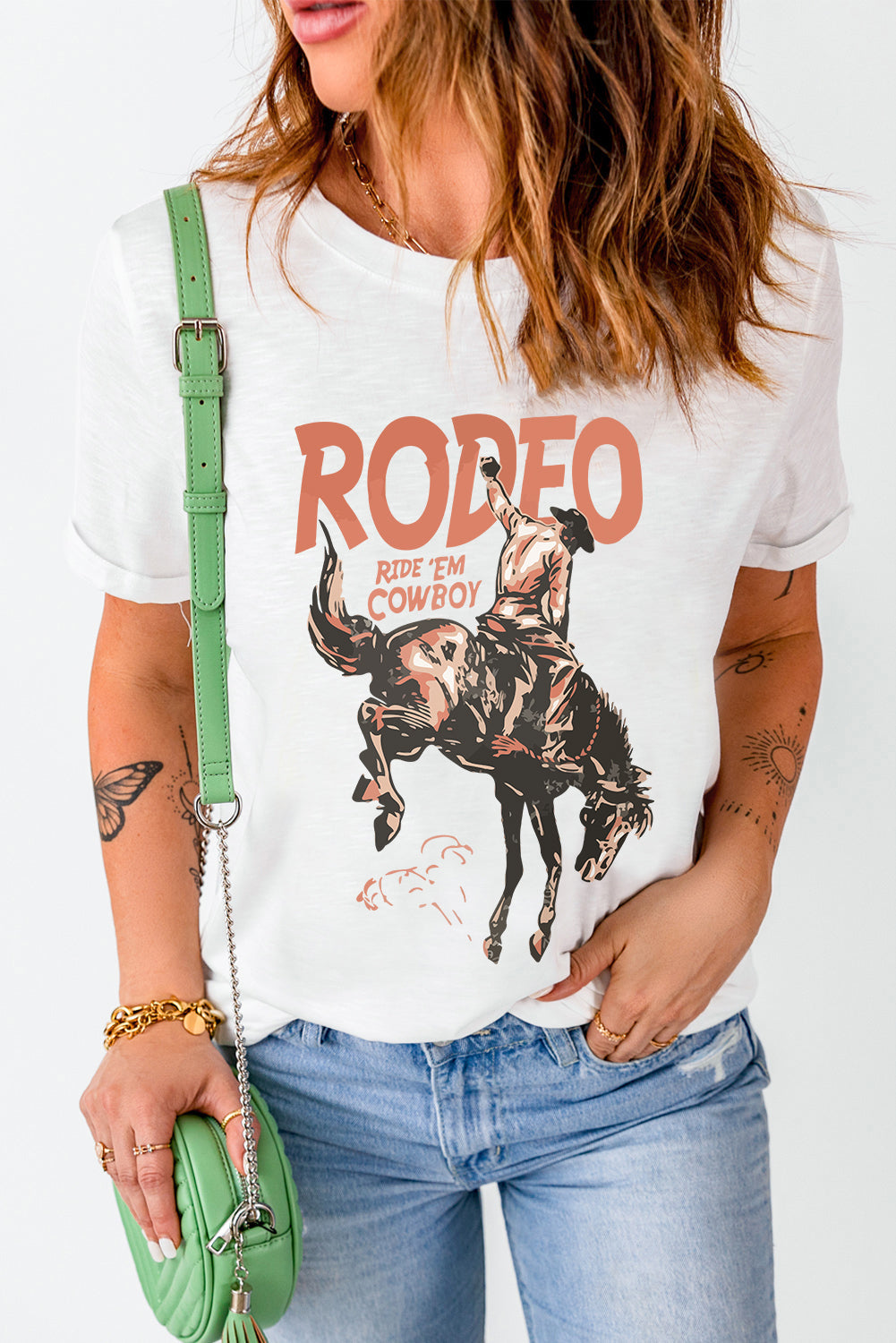 White RODEO Cowboy Graphic Crewneck T Shirt