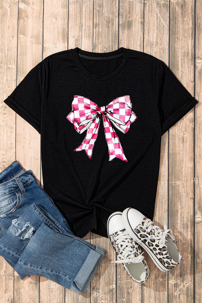 Black Checkerboard Bowknot Graphic Crewneck T Shirt