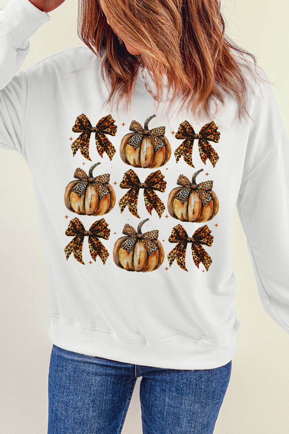 Beige Pumpkin Leopard Bow Knot Print Pullover Sweatshirt