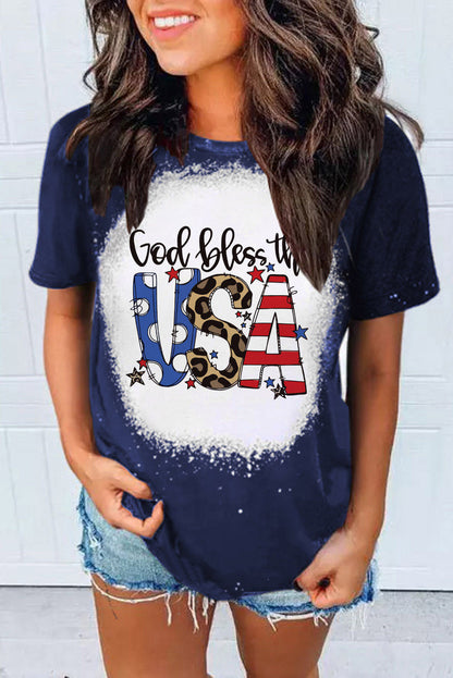 Blue God Bless the USA Print Tie Dye T-Shirt