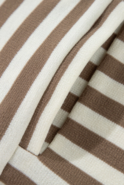 Brown Stripe Quarter Buttons Drop Sleeve Plus Size Hoodie