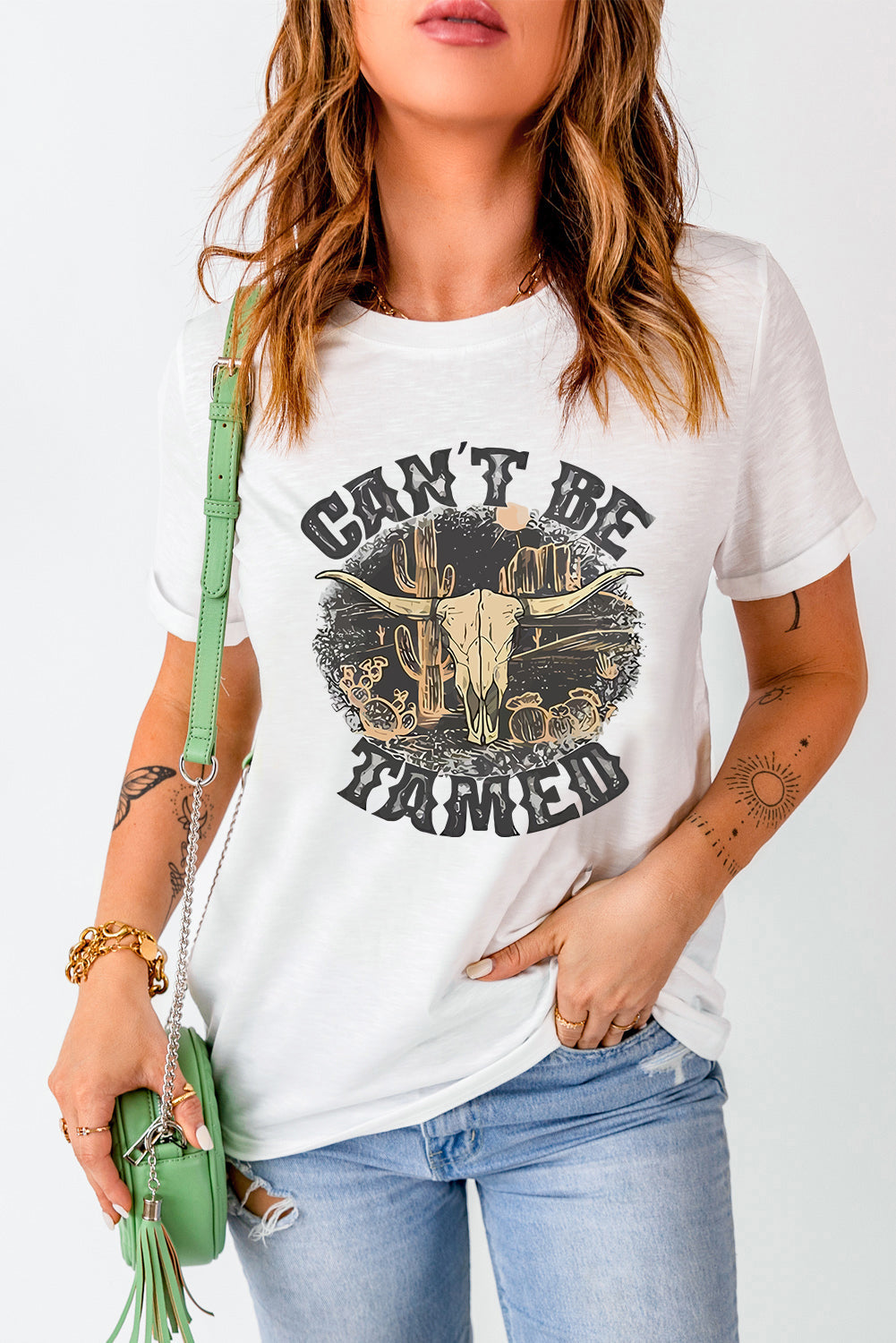 White Cant Be Tamed Western Steer Head Crew Neck T Shirt