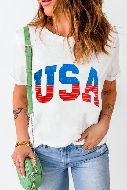 White USA Star and Striped Embroidered Crewneck T-Shirts