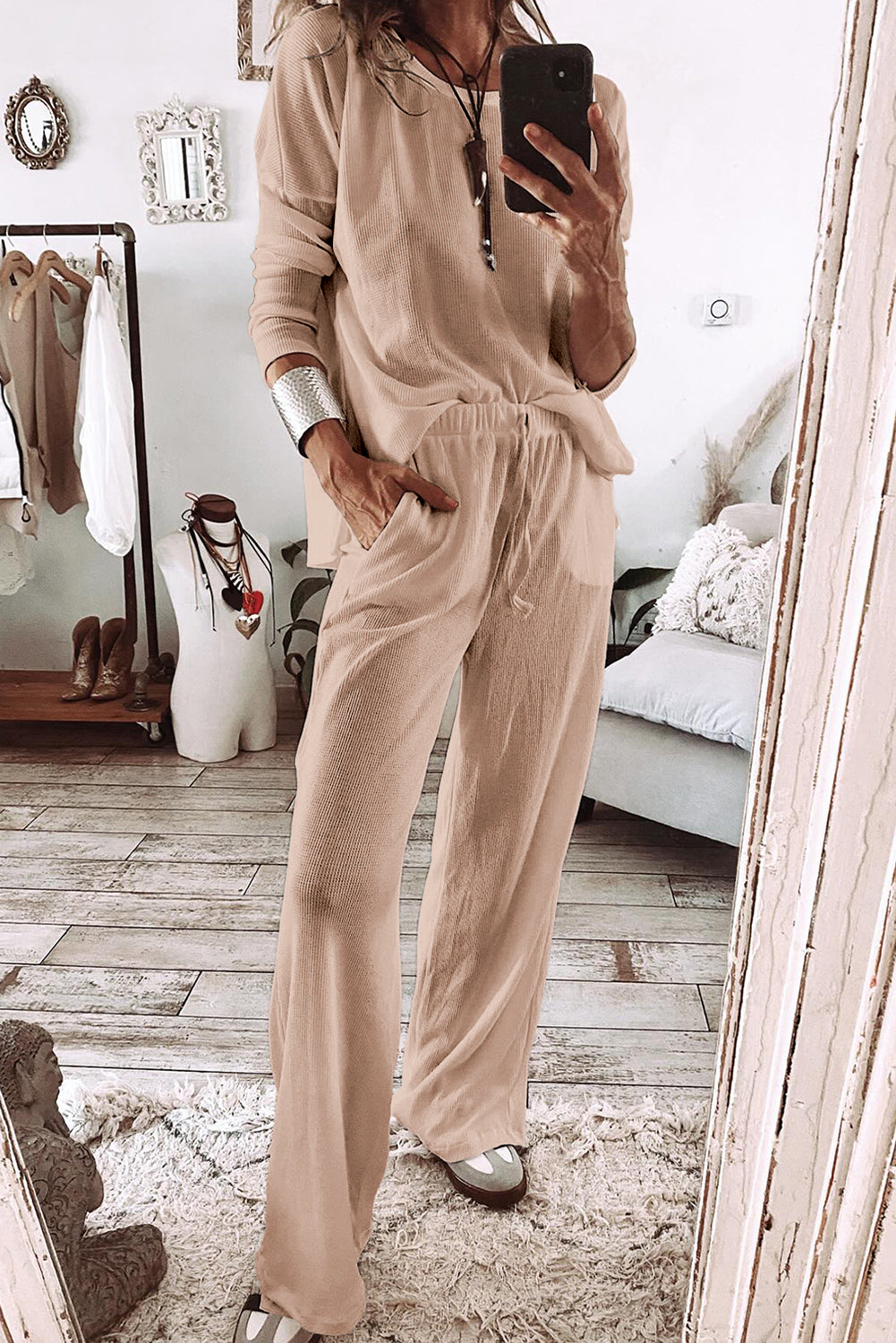 Parchment Textured Long Sleeve T Shirt and Pants Lounge Set