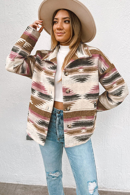 Multicolor Aztec Print Button Up Long Sleeve Jacket