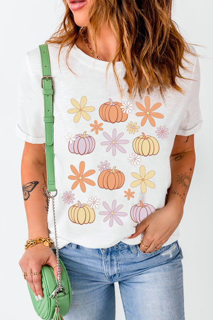 White Floral Pumpkin Graphic Crewneck Halloween T Shirt