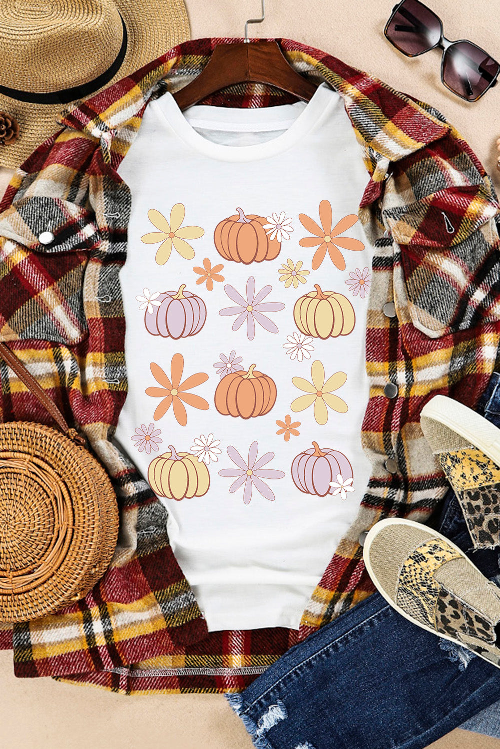 White Floral Pumpkin Graphic Crewneck Halloween T Shirt