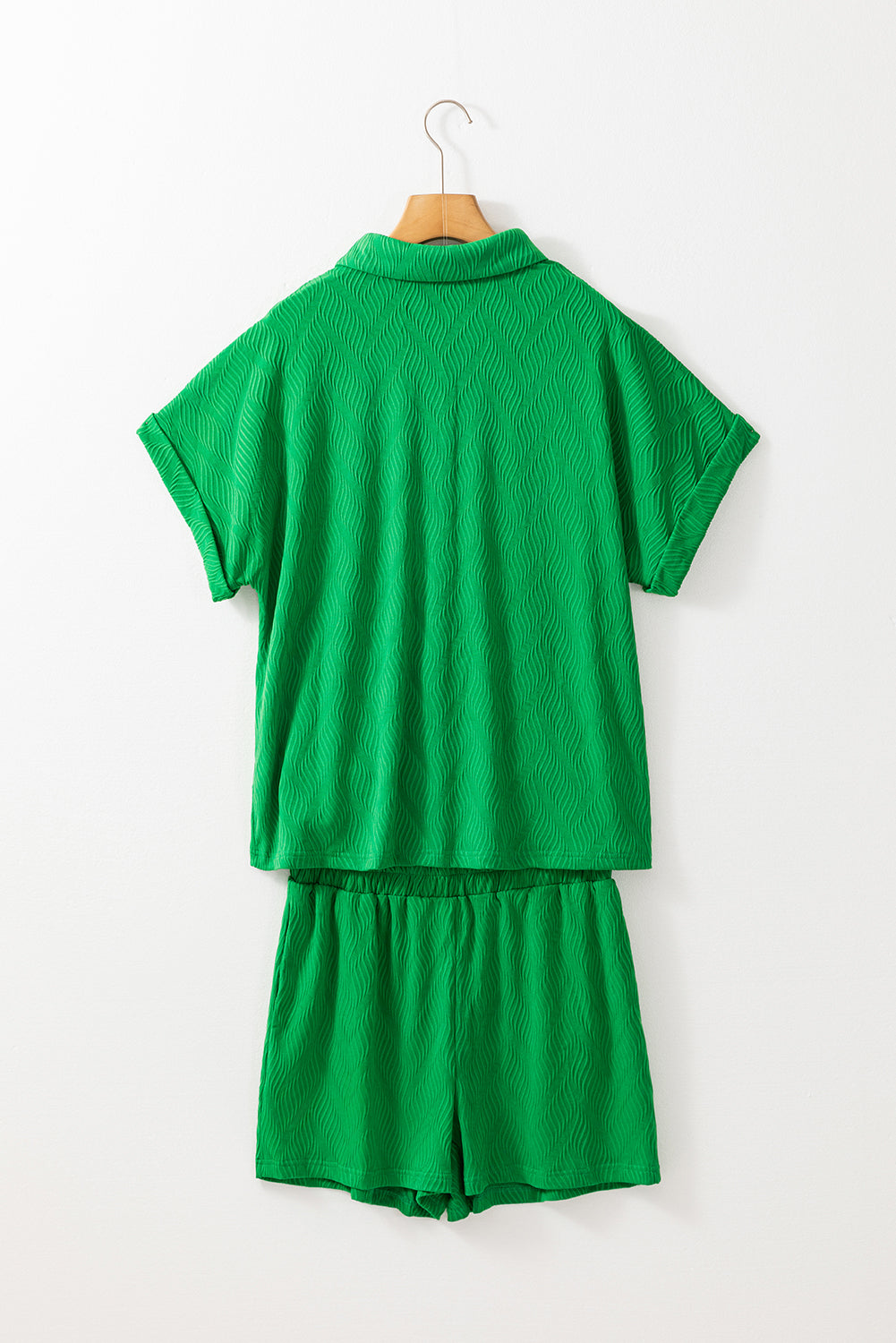 Bright Green Textured Short Sleeve Shirt and Shorts Set