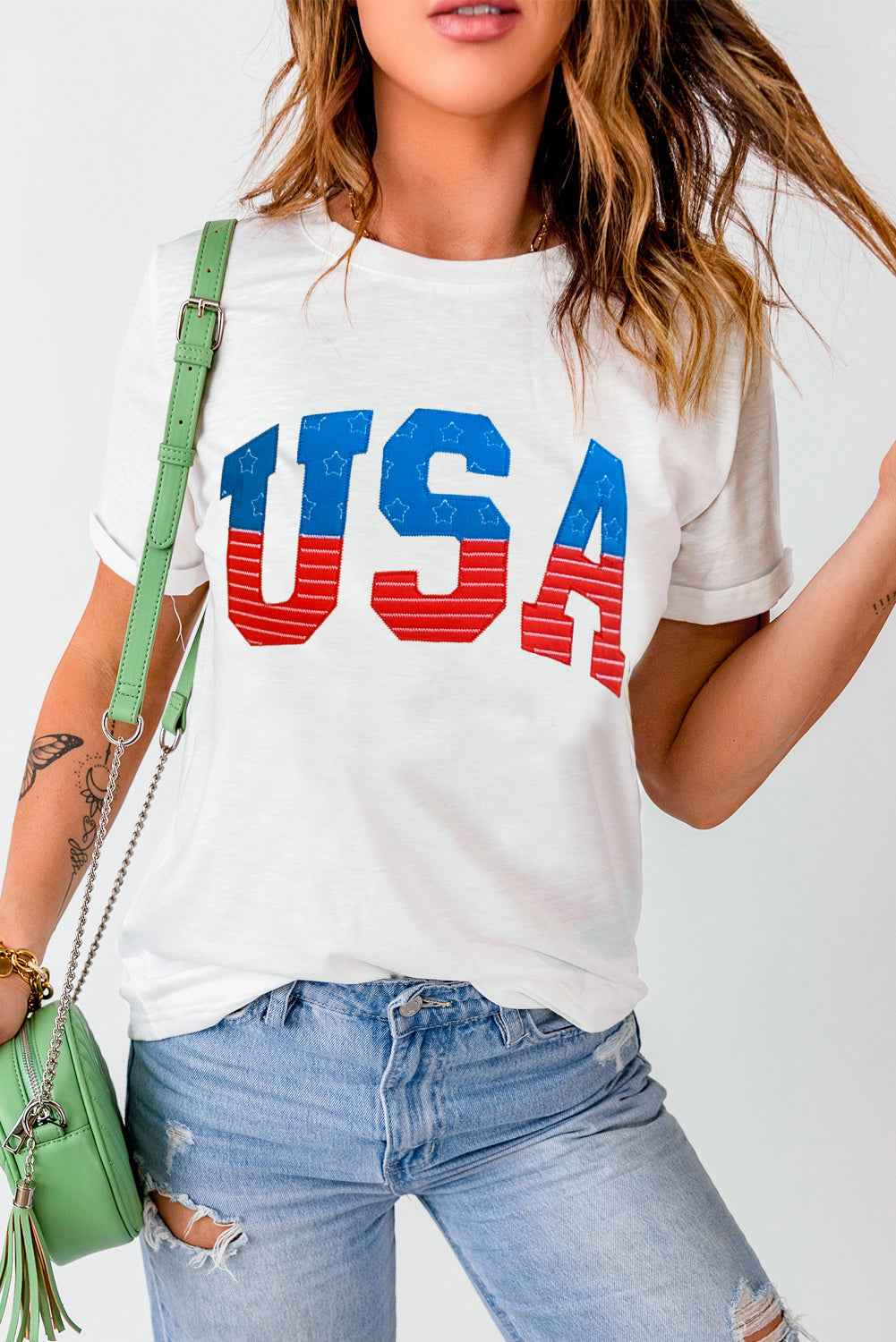 White USA Star and Striped Embroidered Crewneck T-Shirts