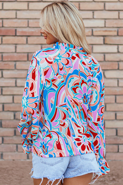 Pink Abstract Print Frilly Neck Ruffled Sleeve Blouse