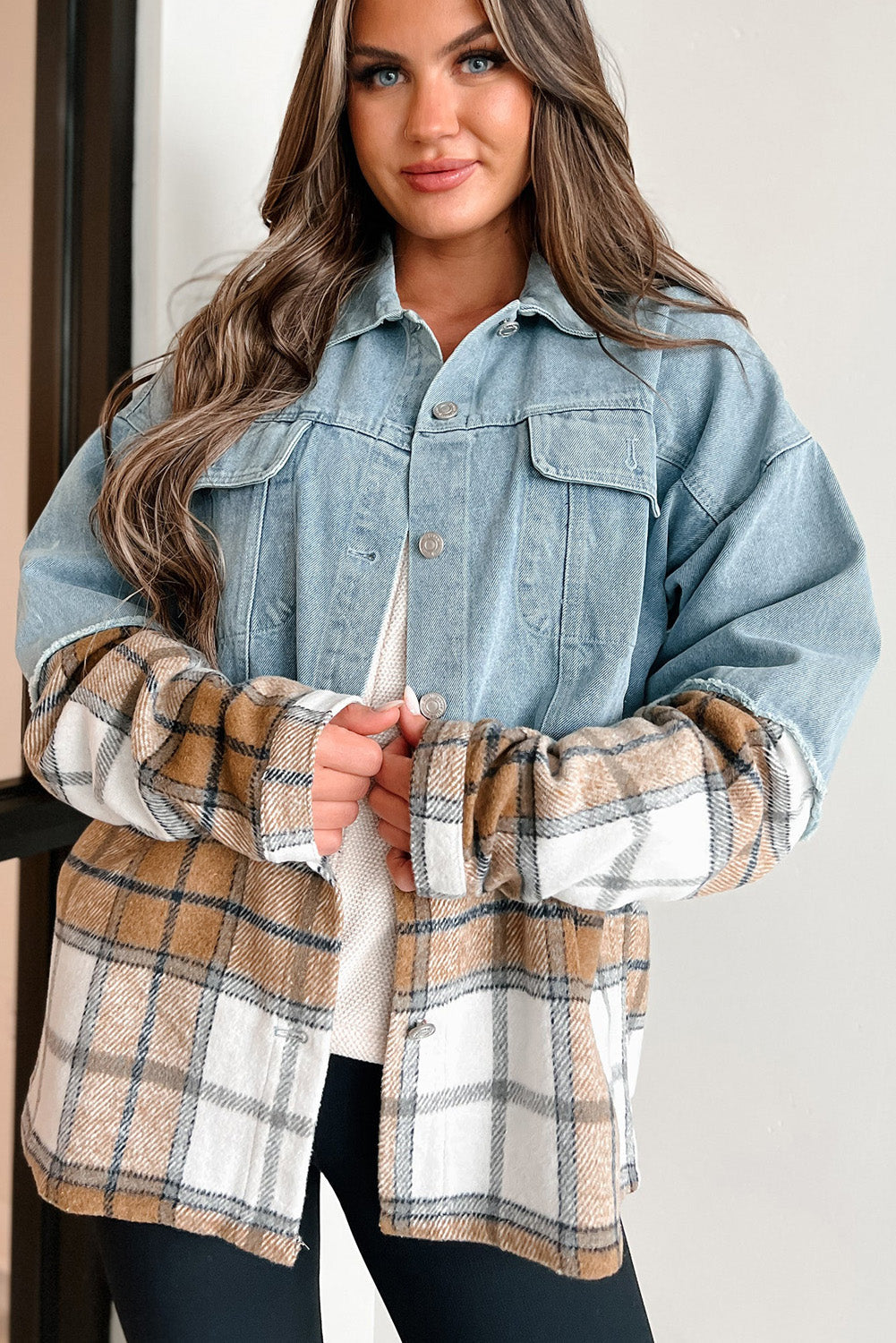 Khaki Plaid Patchwork Buttoned Oversized Denim Jacket