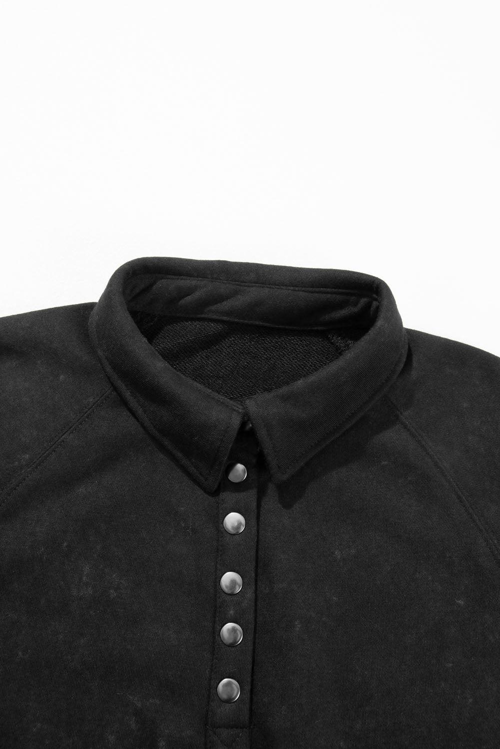 Black Washed Snap Buttons Lantern Sleeve Pullover Sweatshirt