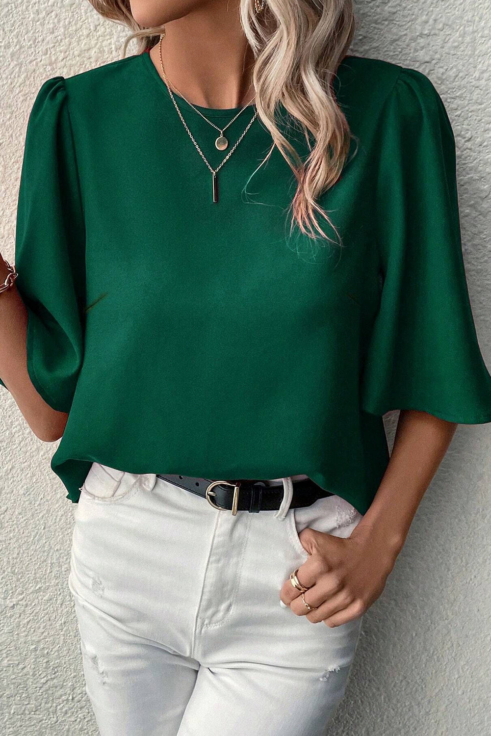 Blackish Green Solid Color Satin Keyhole Back Wide Sleeve Blouse