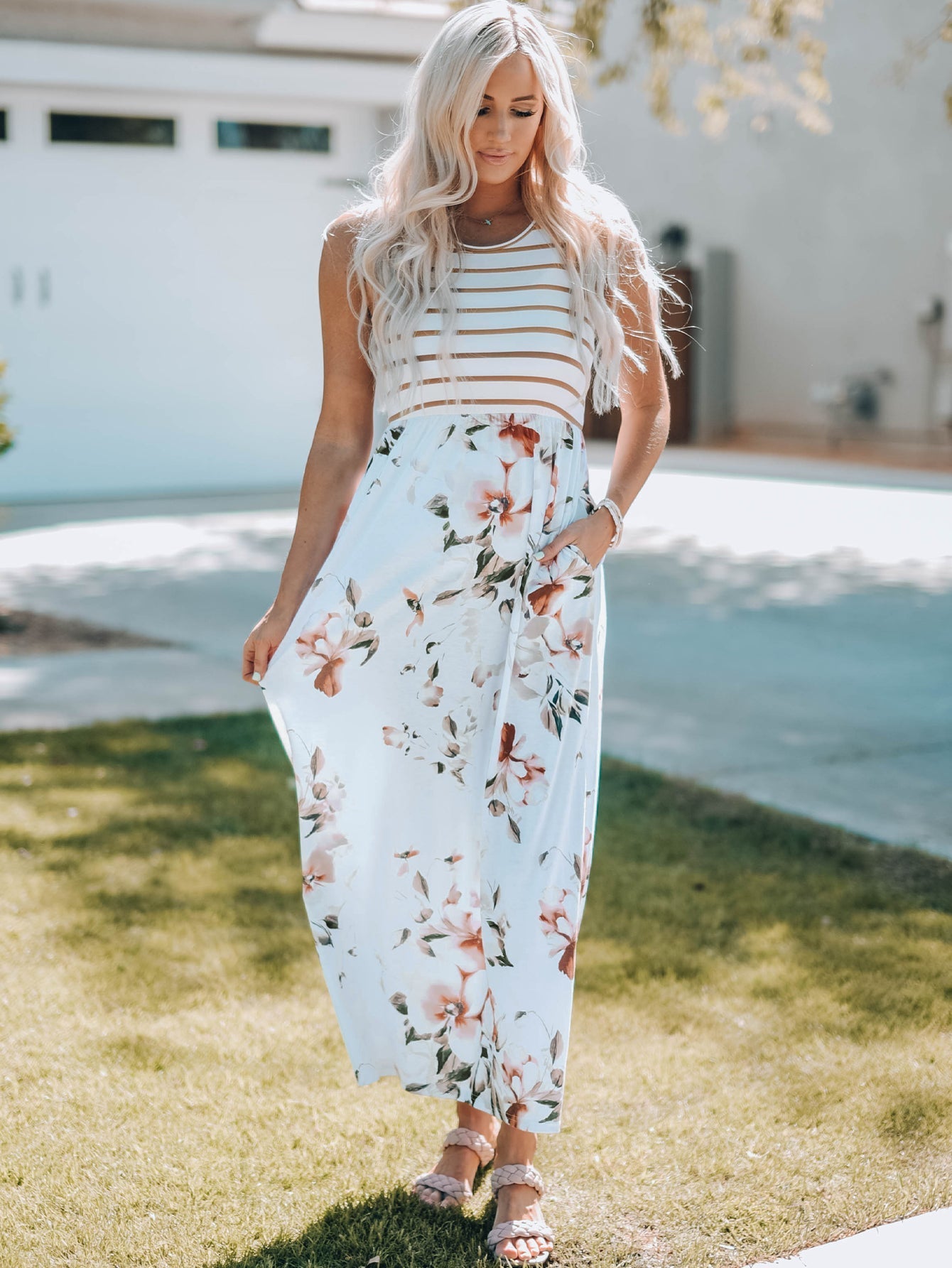 One-Shoulder Pocket Print Maxi Dress