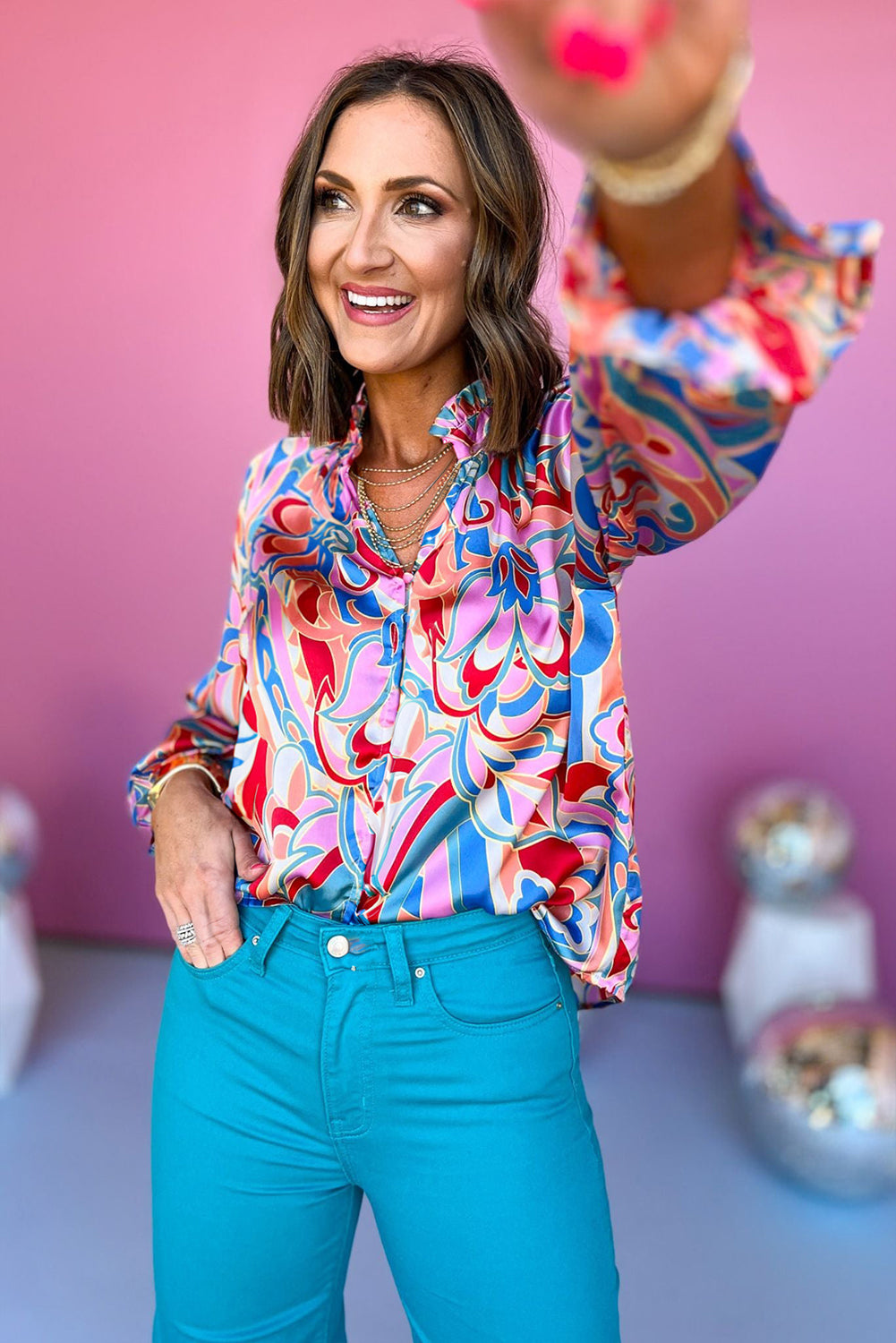 Pink Abstract Print Frilly Neck Ruffled Sleeve Blouse