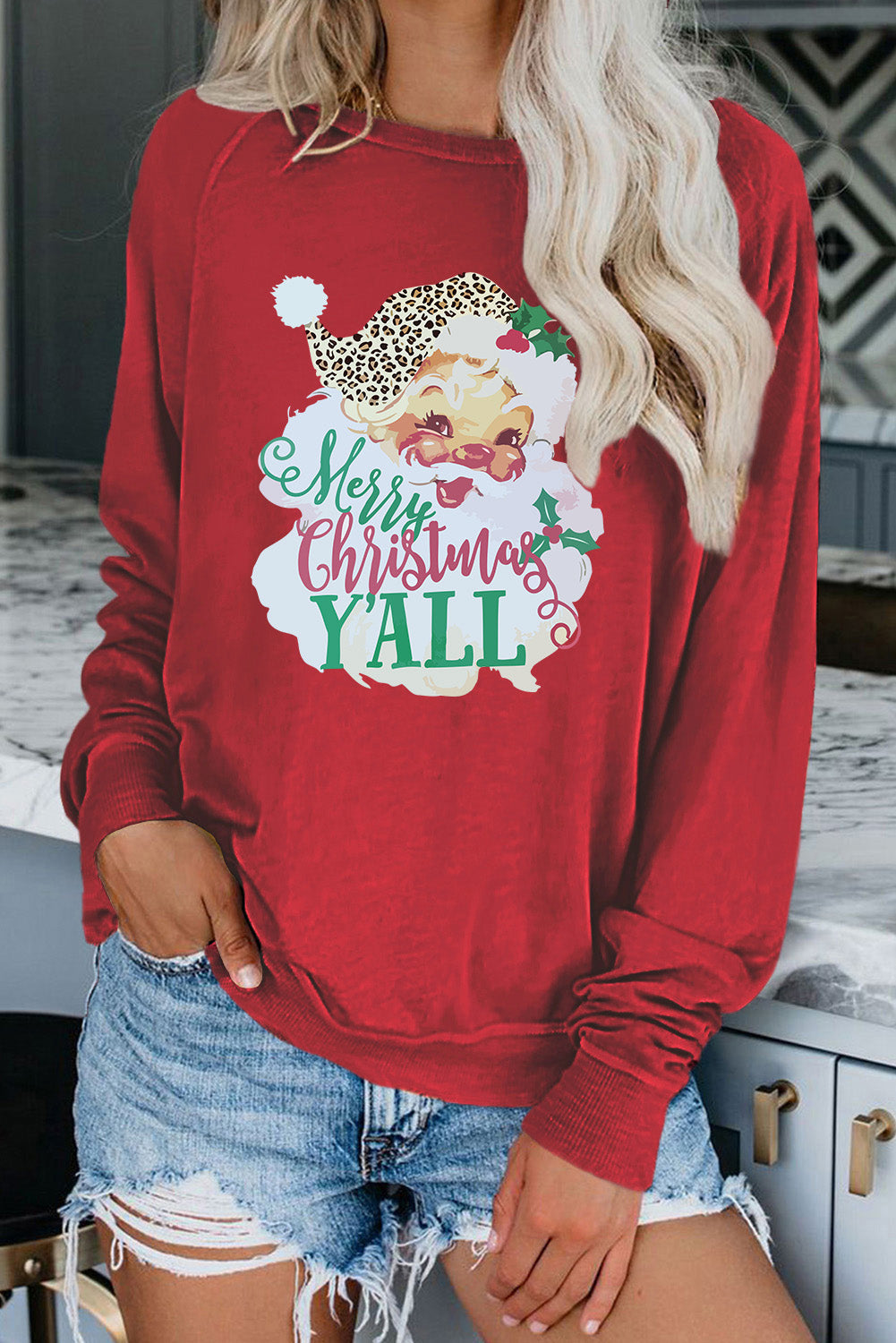 Fiery Red Merry Christmas Y'all Santa Claus Print Pullover Sweatshirt