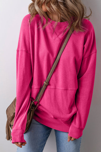 Rose Red Drop Shoulder Crisscross Stitching Pocketed Loose Sweatshirt