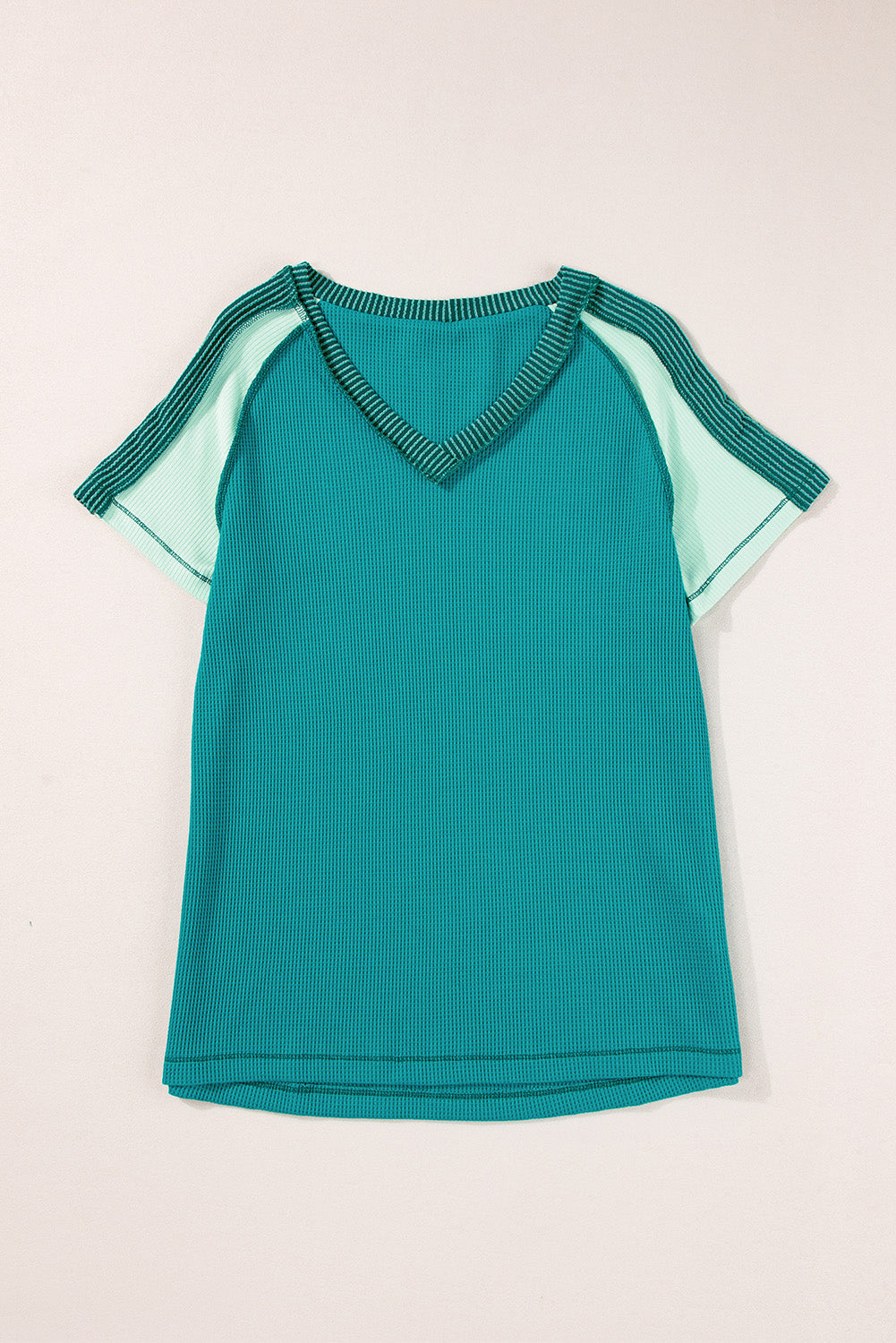 Green Exposed Seam Color Block Knitted V Neck T-shirt