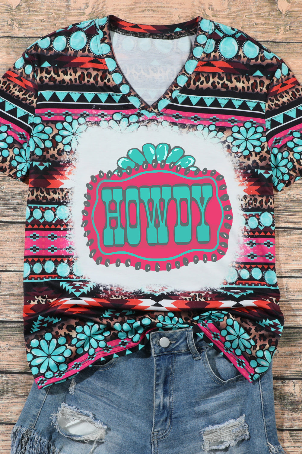 Green Turquoise Aztec HOWDY Graphic V Neck T Shirt