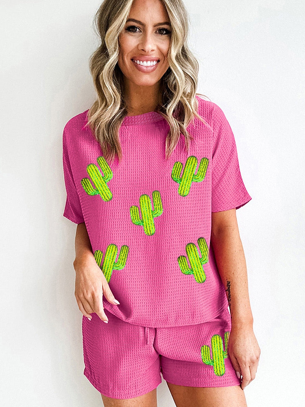 Rose Red Cactus Patched Cozy Two-Piece Lounge Set