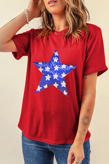 Red Sequin Star Graphic Crewneck T Shirt