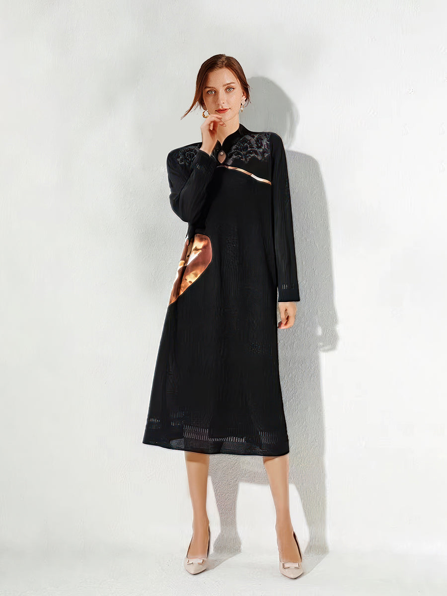 Stand Collar Elegant Stitching Long-sleeved Midi Dress