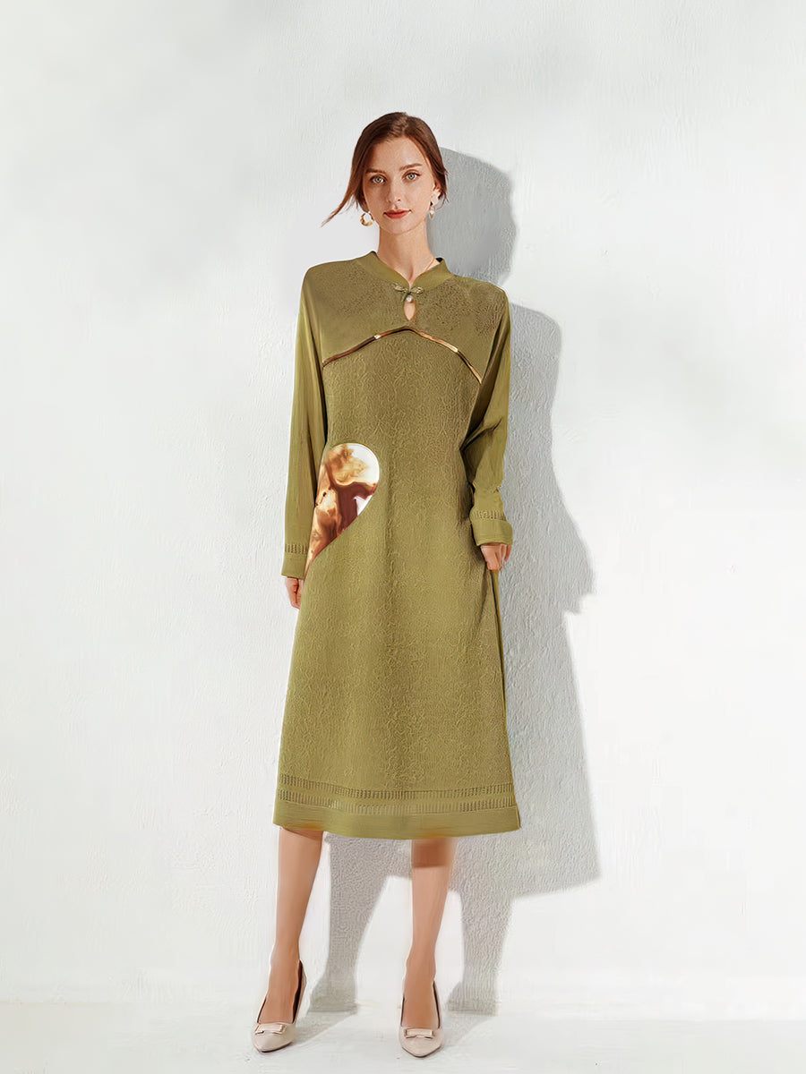 Stand Collar Elegant Stitching Long-sleeved Midi Dress