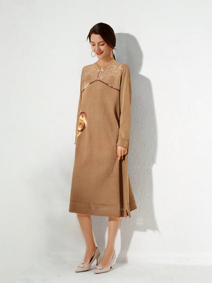 Midi Dresses - Stand Collar Elegant Stitching Long-sleeved Midi Dress - MsDressly