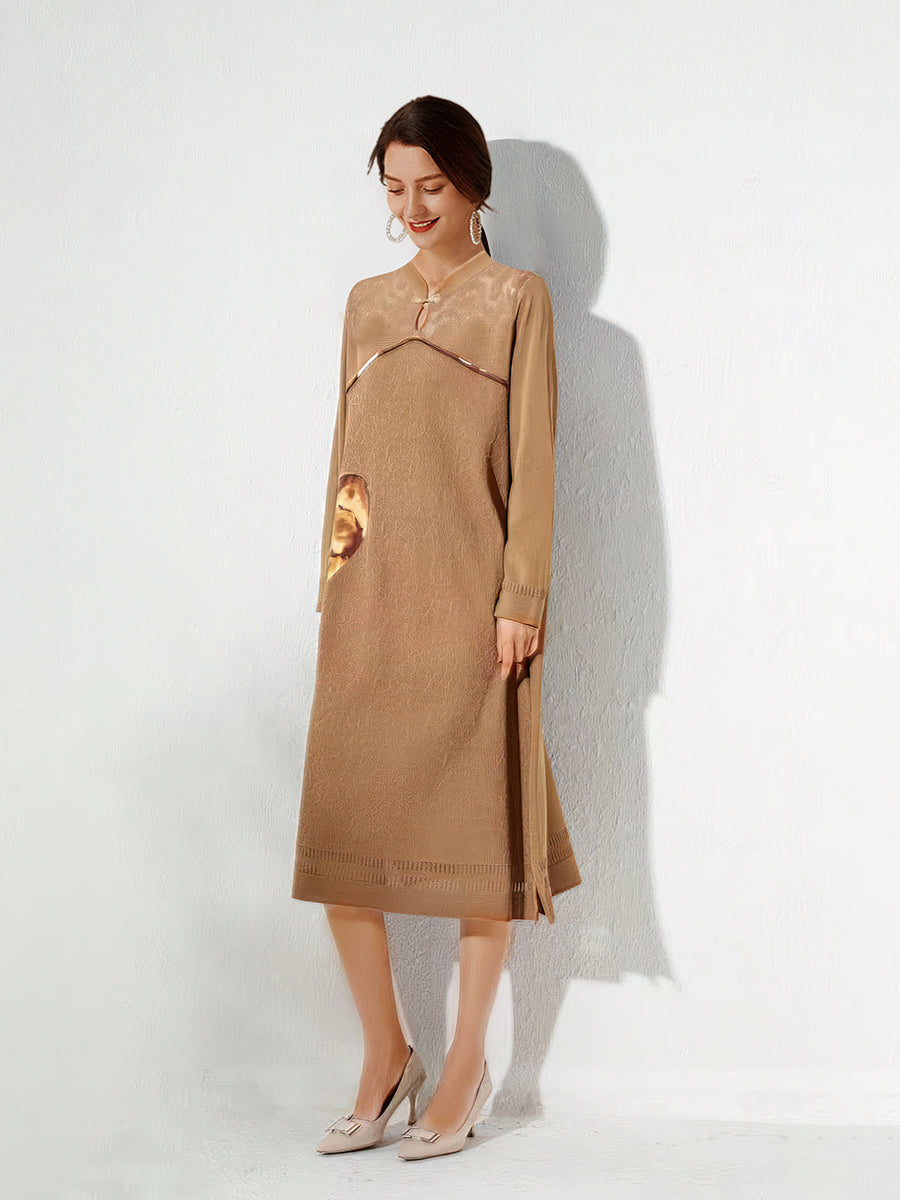 Stand Collar Elegant Stitching Long-sleeved Midi Dress